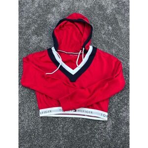Tommy Hilfiger‎ Cropped Hoodie V-Neck Red White Navy Pullover Sweatshirt